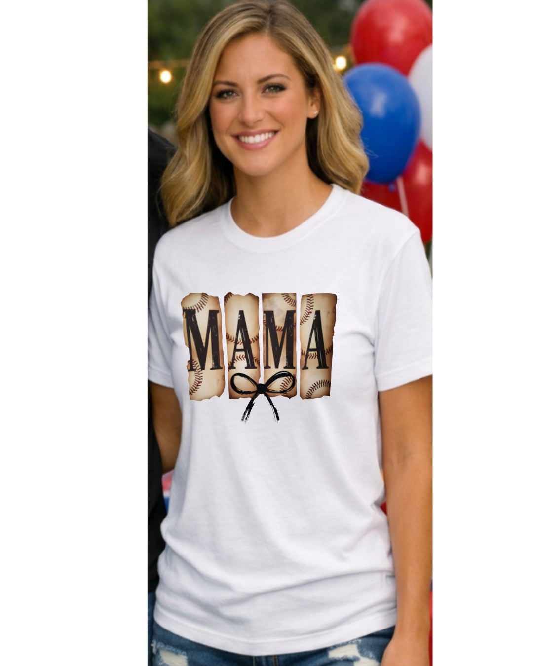 Baseball Mama with a Bow DTF print t-shirt - lifestyle photo on white tee