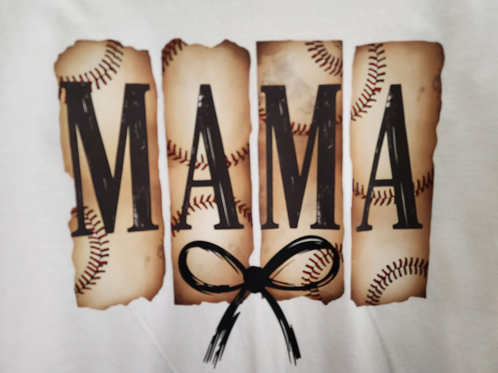 Baseball Mama with a Bow DTF print close-up - distressed baseball panels with black bow