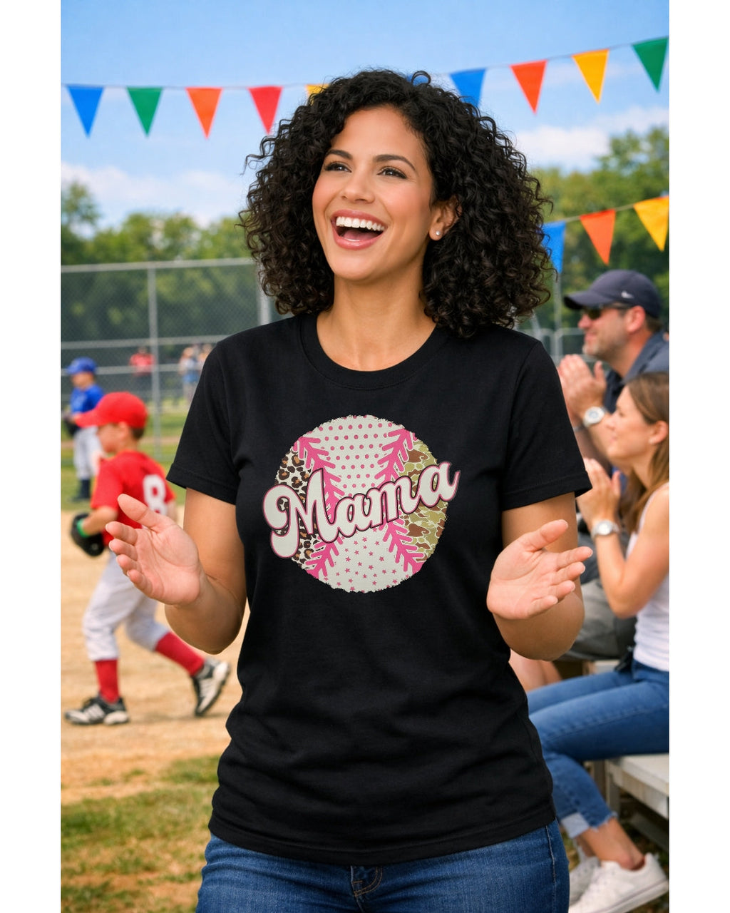 Baseball Mama Leopard & Camo DTF print t-shirt - lifestyle photo at baseball field