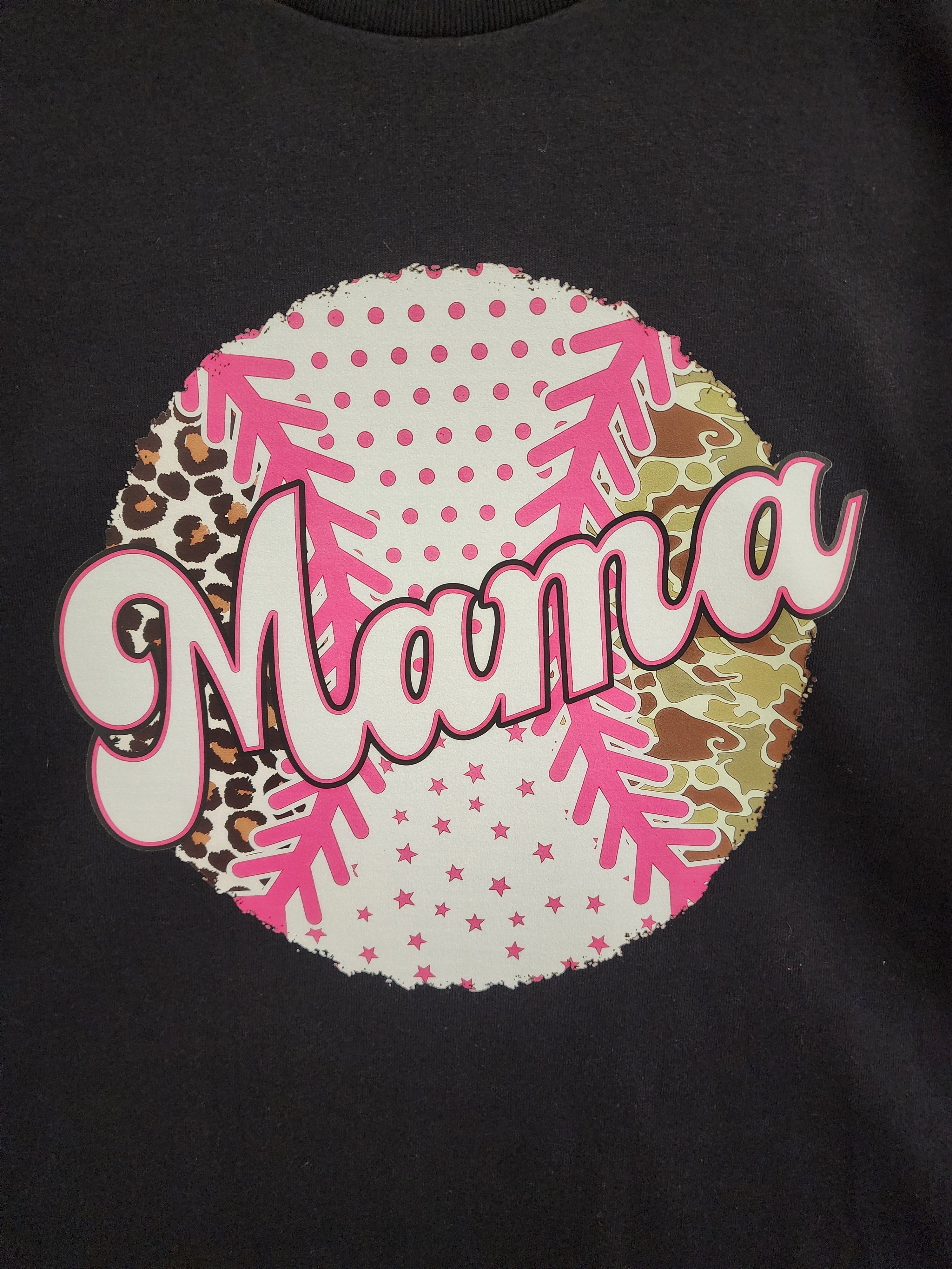 Baseball Mama Leopard & Camo DTF print close-up - baseball graphic with leopard and camo panels