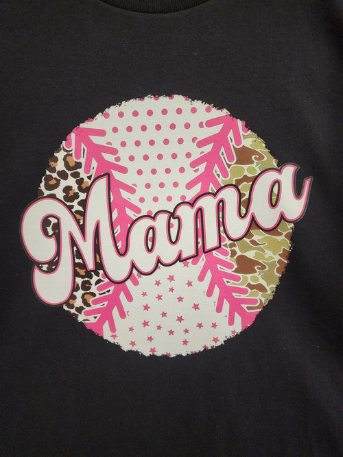 Baseball Mama Leopard & Camo DTF print close-up - baseball graphic with leopard and camo panels