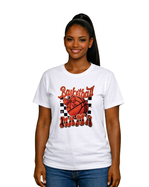 Basketball Mama with Bow DTF print t-shirt - lifestyle photo on white tee