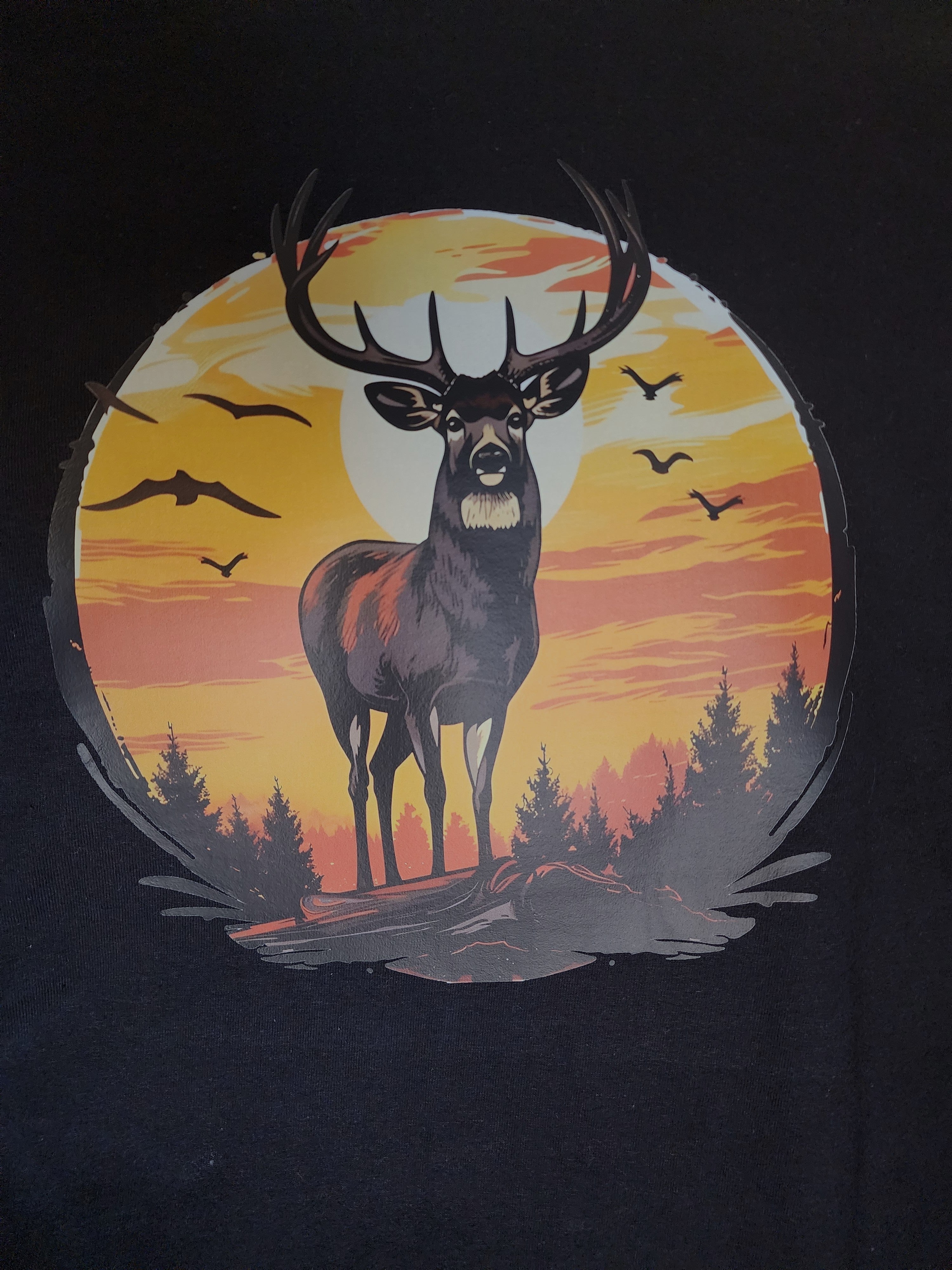 Close-up of buck at sunset print with pine trees and birds