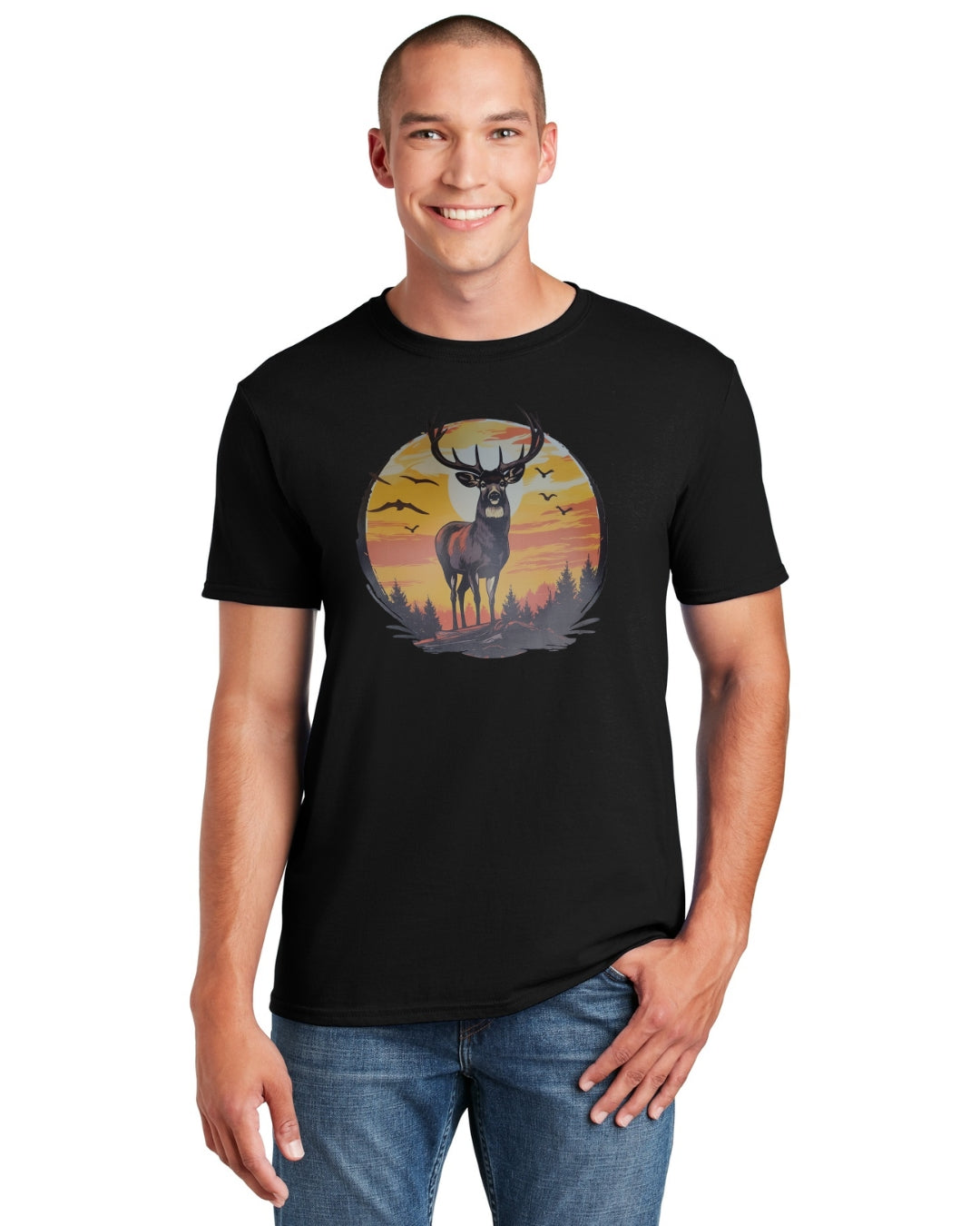 Man wearing black tee with buck at sunset design