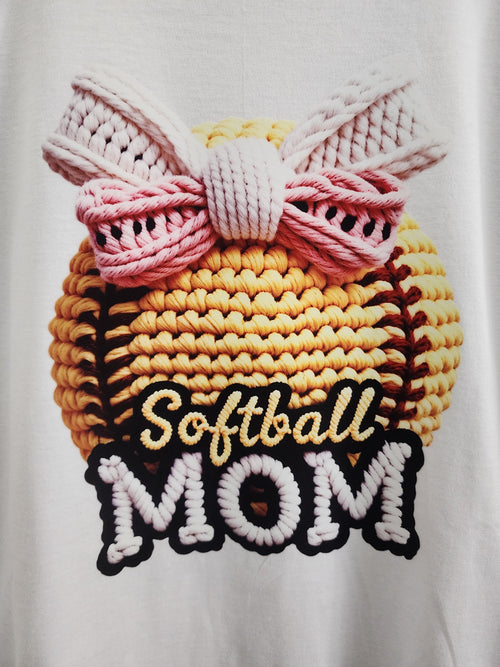 Softball Mom crochet-style DTF print close-up - 3D knit softball with pink bow
