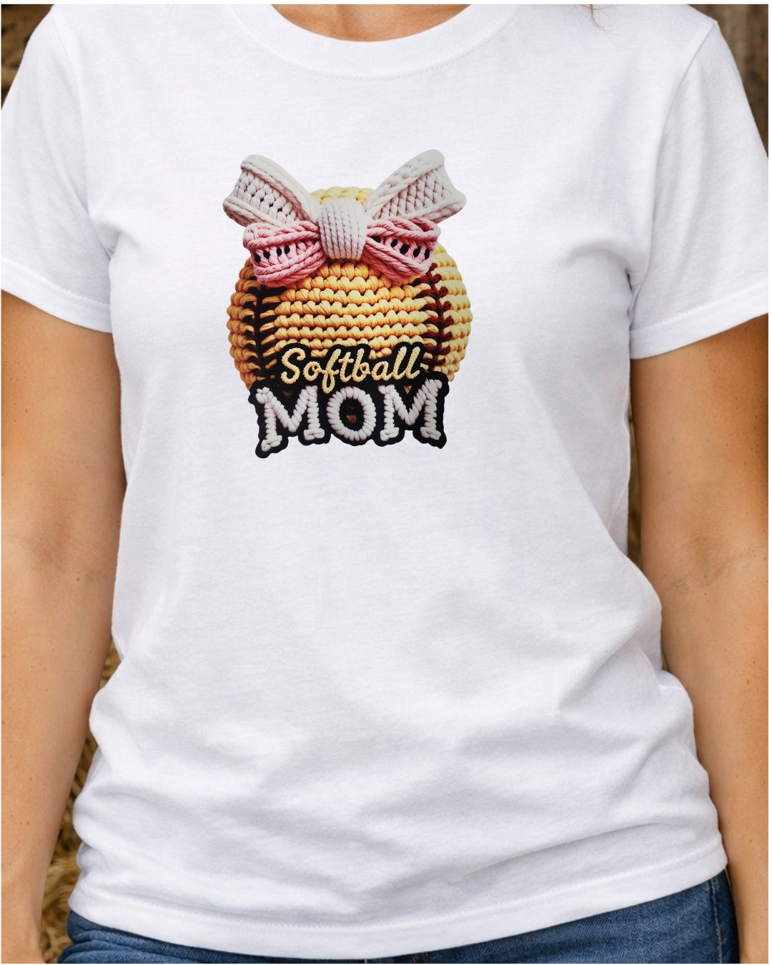 Softball Mom crochet-style DTF print t-shirt - lifestyle photo