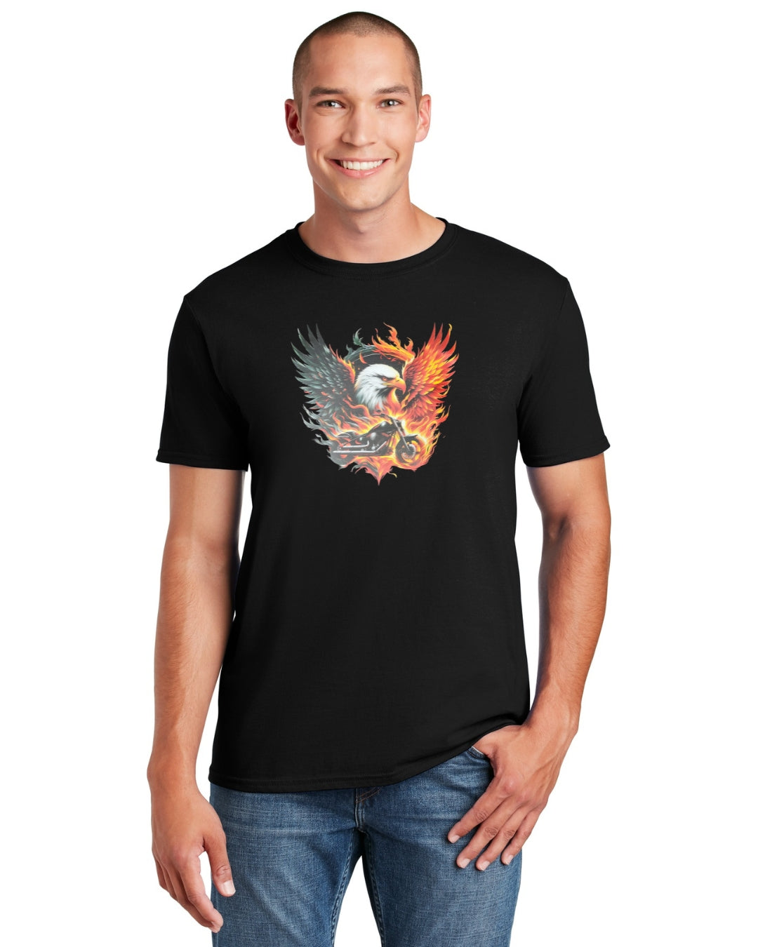 Man wearing black tee with flaming eagle and motorcycle design
