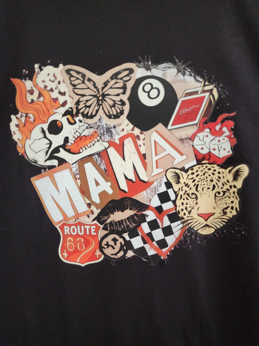 Fierce Mama DTF print close-up - MAMA collage with skull, butterfly, 8-ball and Route 66