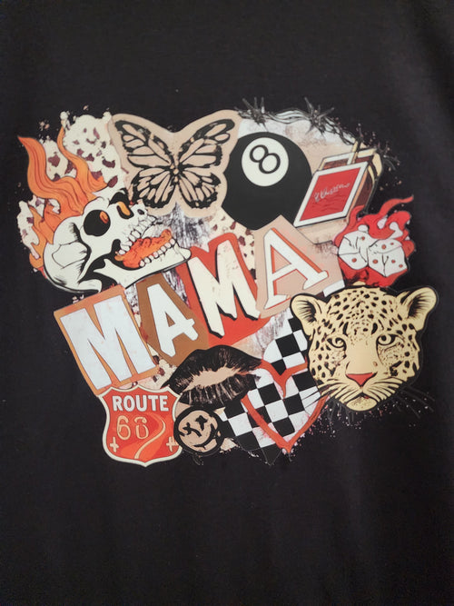 Fierce Mama DTF print close-up - MAMA collage with skull, butterfly, 8-ball and Route 66