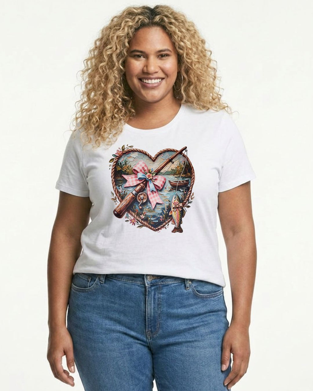 Close-up of fishing heart coquette print with pink gingham bow