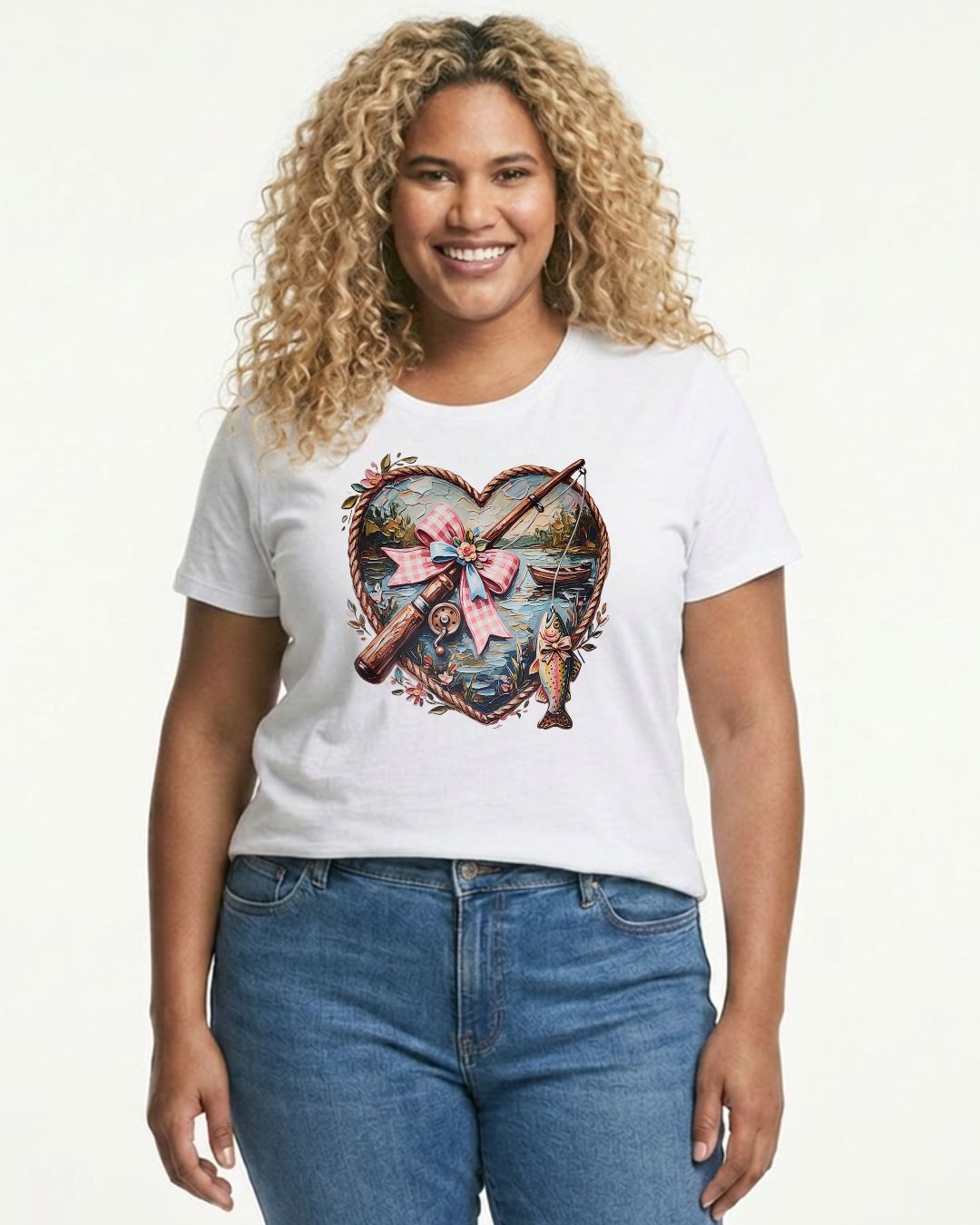 Close-up of fishing heart coquette print with pink gingham bow