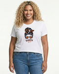 Woman wearing white Giants Girl messy bun fan tee