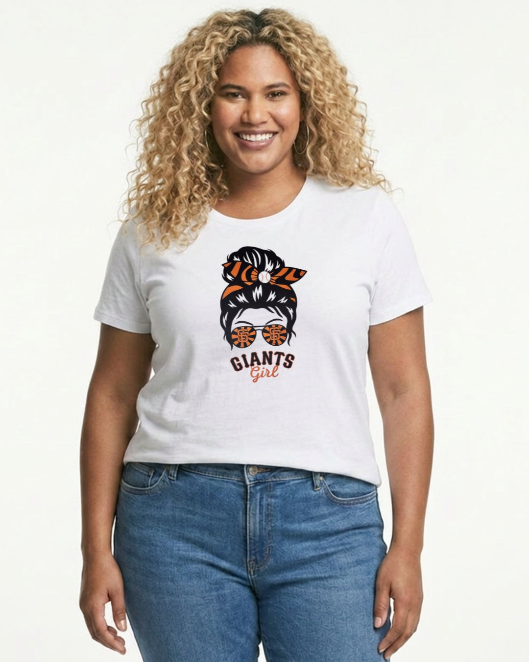 Woman wearing white Giants Girl messy bun fan tee