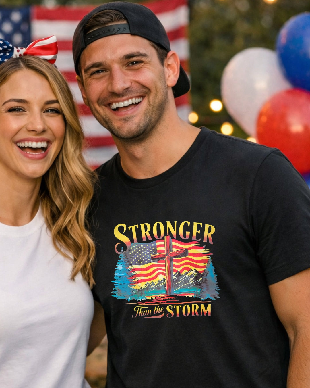 Stronger Than the Storm faith tee with American flag cross DTF design